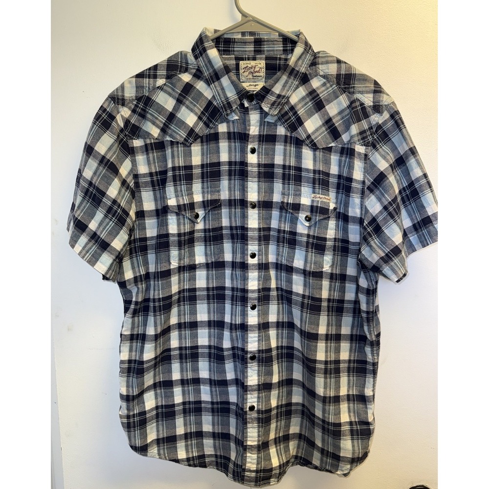 Lucky Brand Shirt Mens Large Blue White Plaid Cotton Western Pearl Snap Button